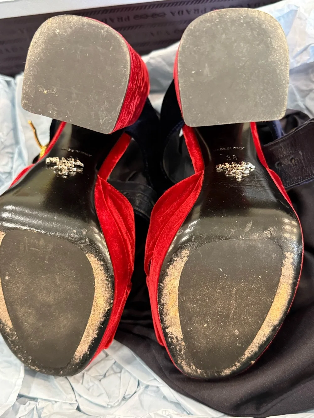 Prada Red Velvet Platform Sandal with Navy Ankle Strap - Picture 9 of 11